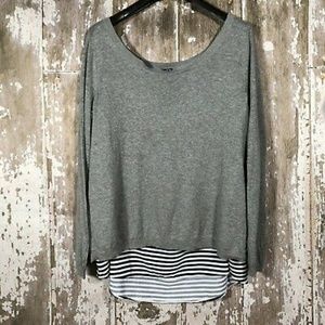 Torrid open back sweater with blue and white strip